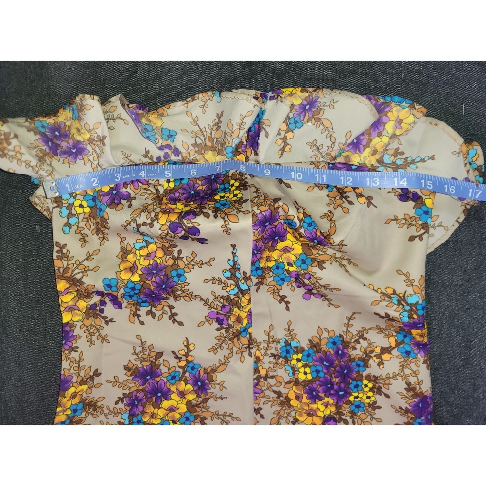 Vintage 60s 70s Handmade Maxi Dress Beige Floral Ruffles Purple‎ Yellow S - Picture 8 of 13